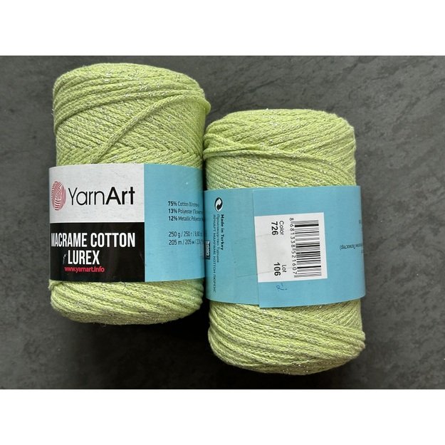 MACRAME COTTON LUREX Yarn Art- 75% cotton, 13% polyester, 12% metalic polyester, 250gr/ 205m. Nr 726